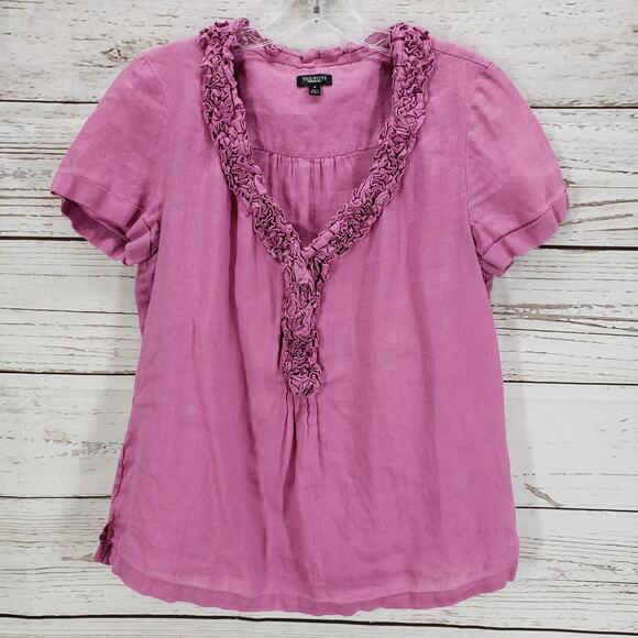 Talbots Women's Purple 100%Linen Ruffled Short Sleeve Top Size 4 - Picture 1 of 13